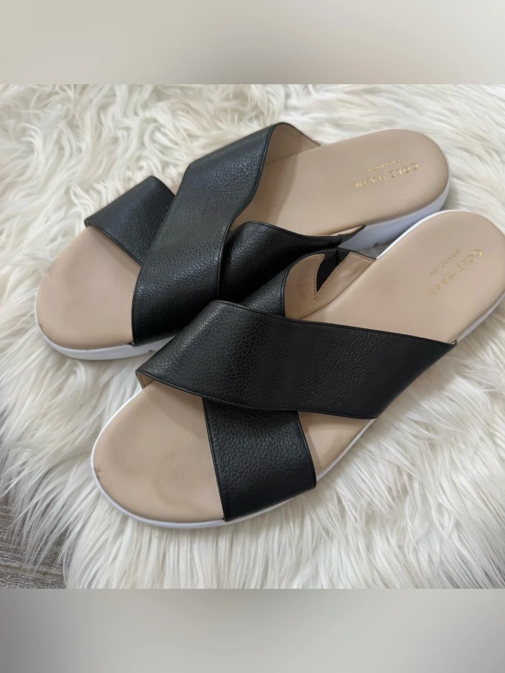 Cole Haan ZerøGrand Criss Cross Leather Slide Sandals Black White Comfort 10.5